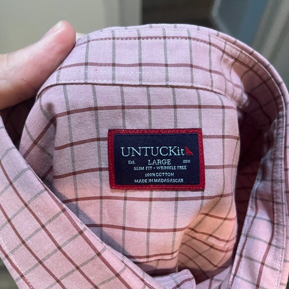 UNTUCKit Men's pink, red & gray check Wrinkle Free Slim Fit shirt L l/s EUC - Picture 4 of 5